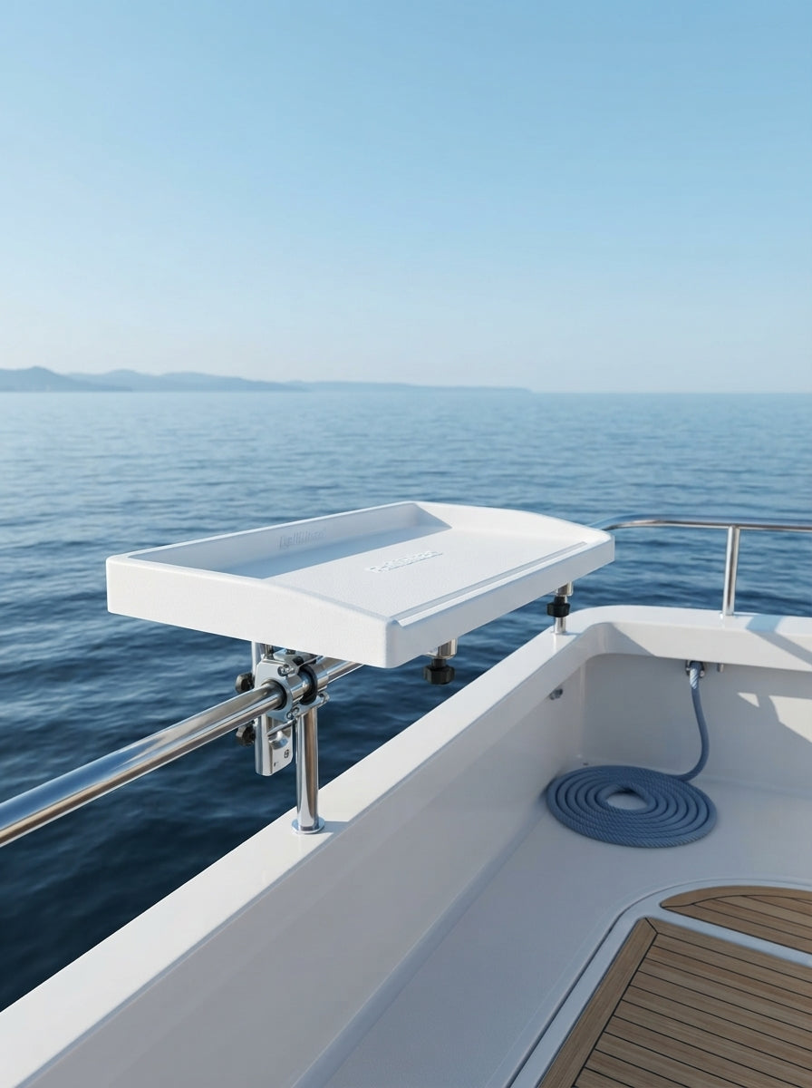 A white RailBlaza fillet table mounted on a boat railing with a clear ocean background.
