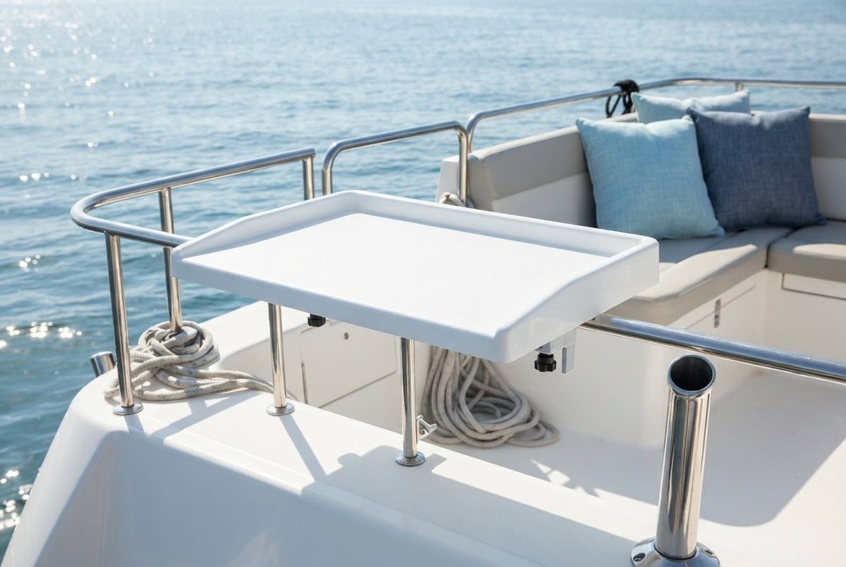 A clean white boat fillet table mounted on a boat railing with a blurred ocean background and nautical-themed accessories.